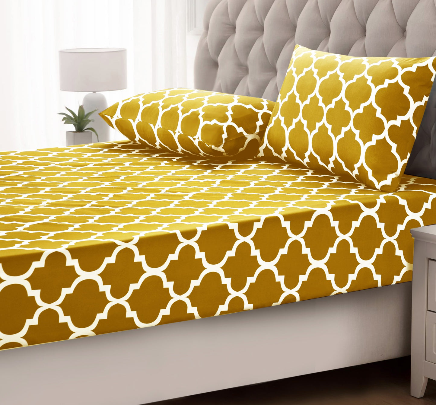 Fitted Bed Sheet-Mustard Geometric Fitted Sheets Apricot