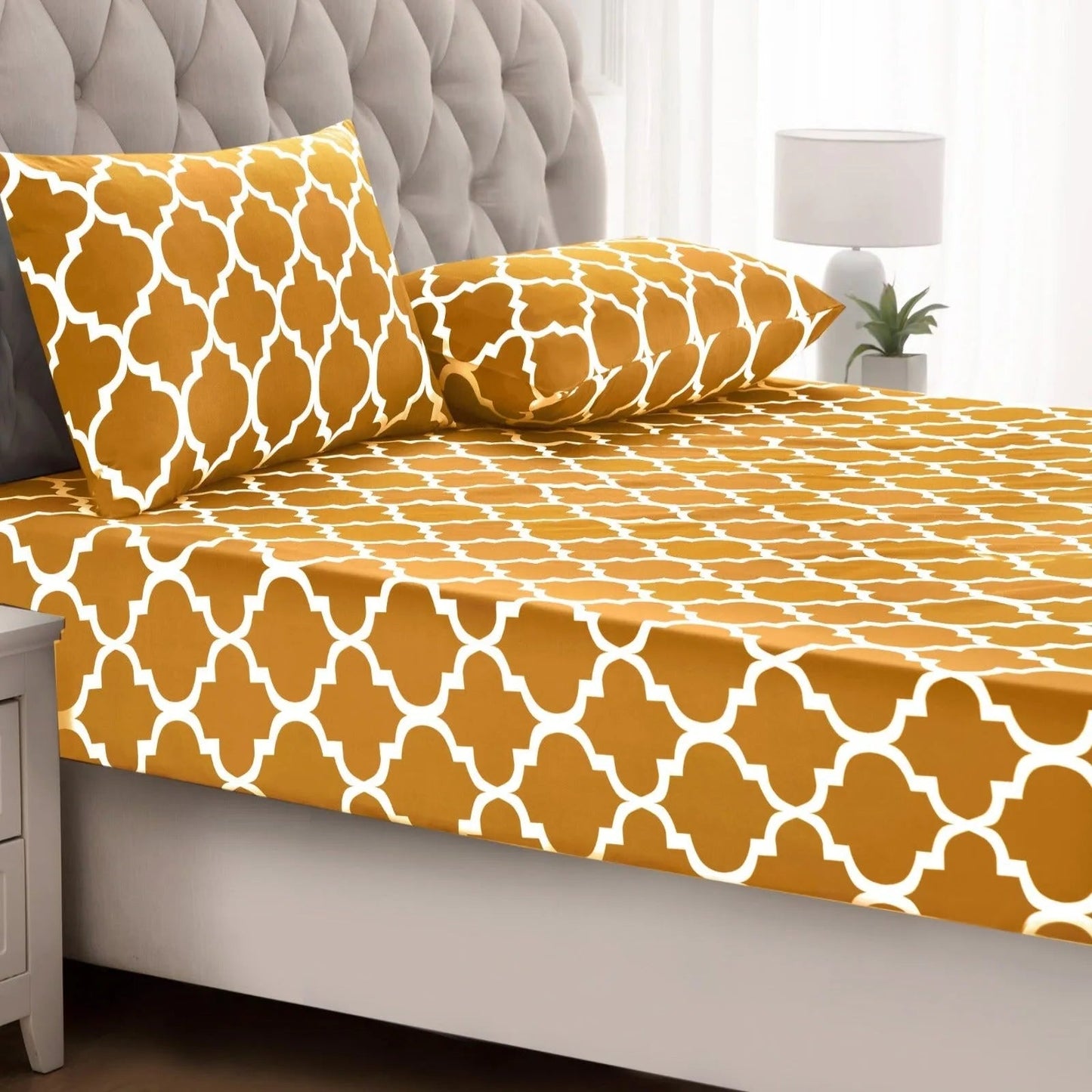 Fitted Bed Sheet-Mustard Geometric Fitted Sheets Apricot