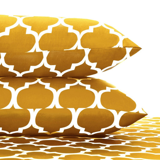 Fitted Bed Sheet-Mustard Geometric Fitted Sheets Apricot