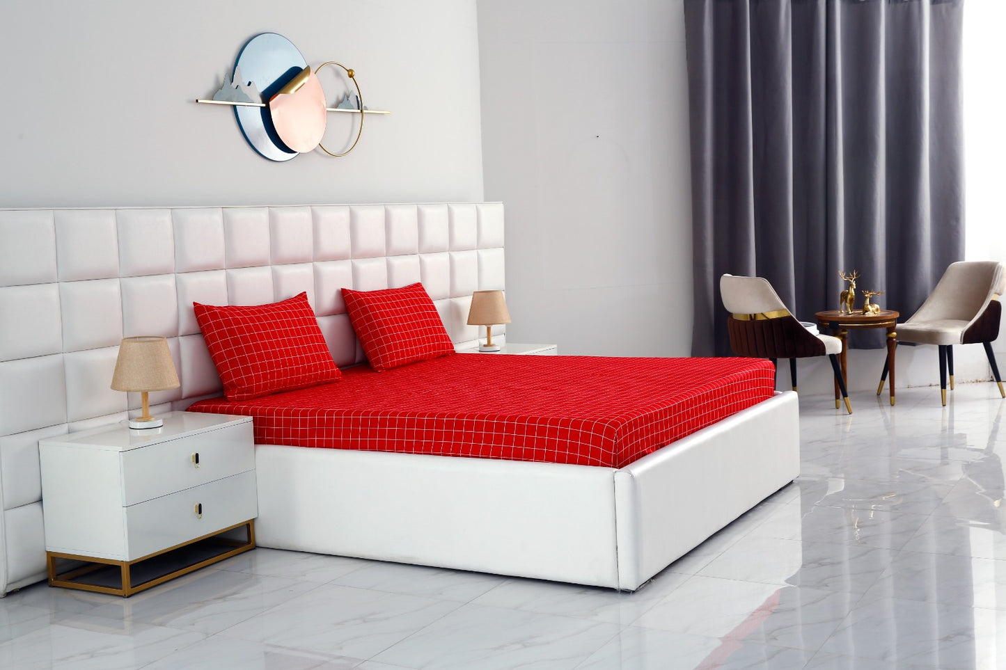 Fitted Bed Sheet-Red Check Fitted Sheets Apricot
