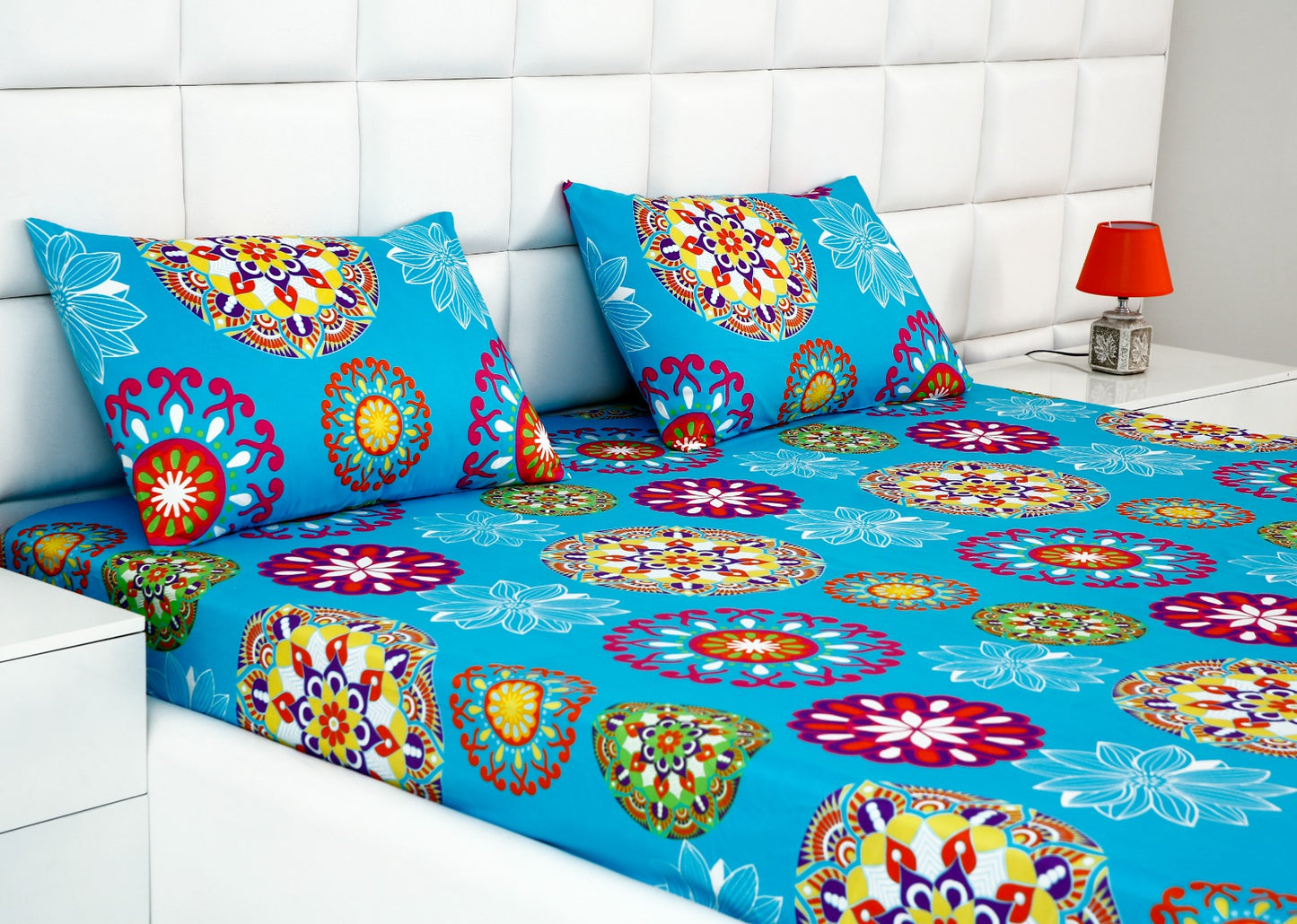 Fitted Bed Sheet-Turquoise Flower Fitted Sheets Apricot
