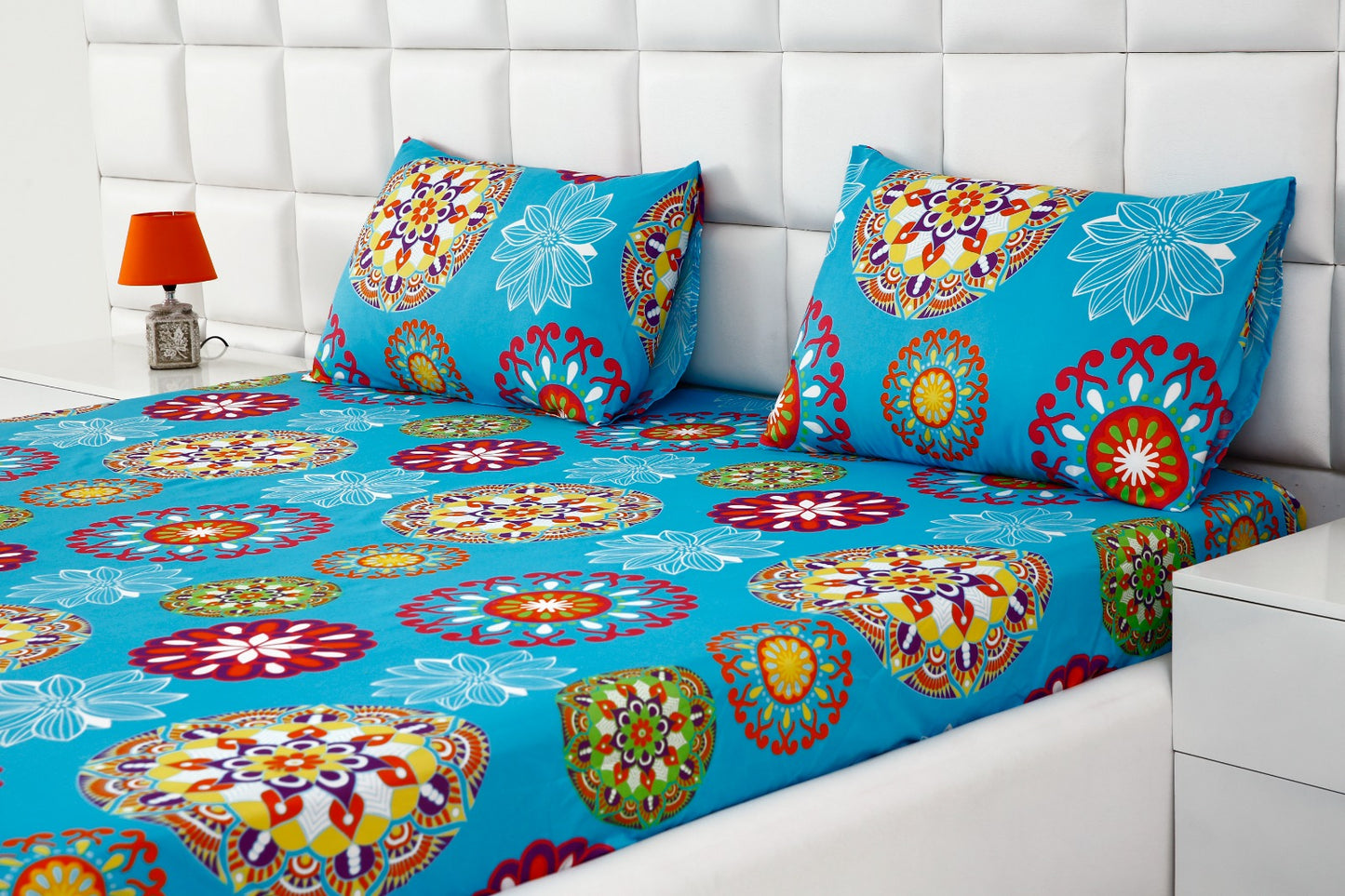 Fitted Bed Sheet-Turquoise Flower Fitted Sheets Apricot