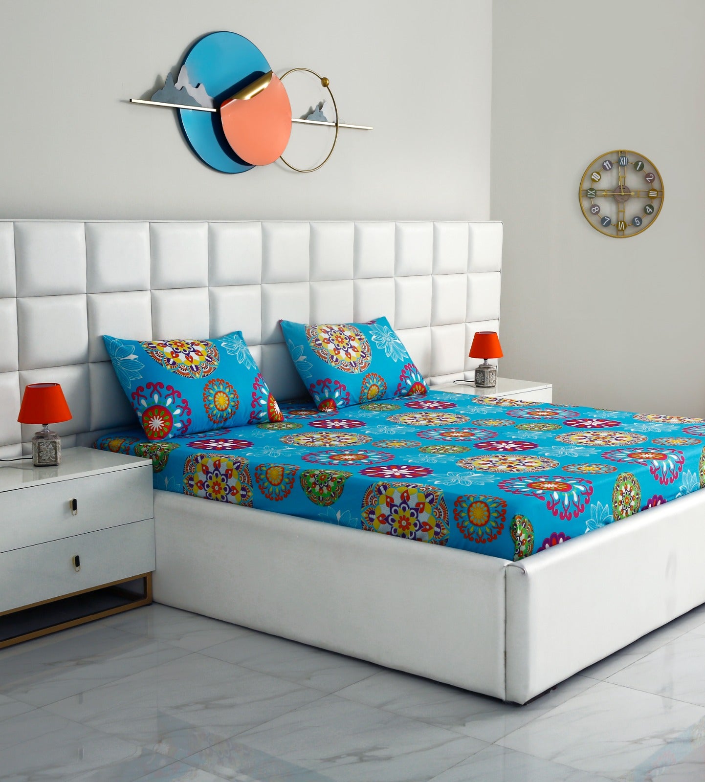 Fitted Bed Sheet-Turquoise Flower Fitted Sheets Apricot