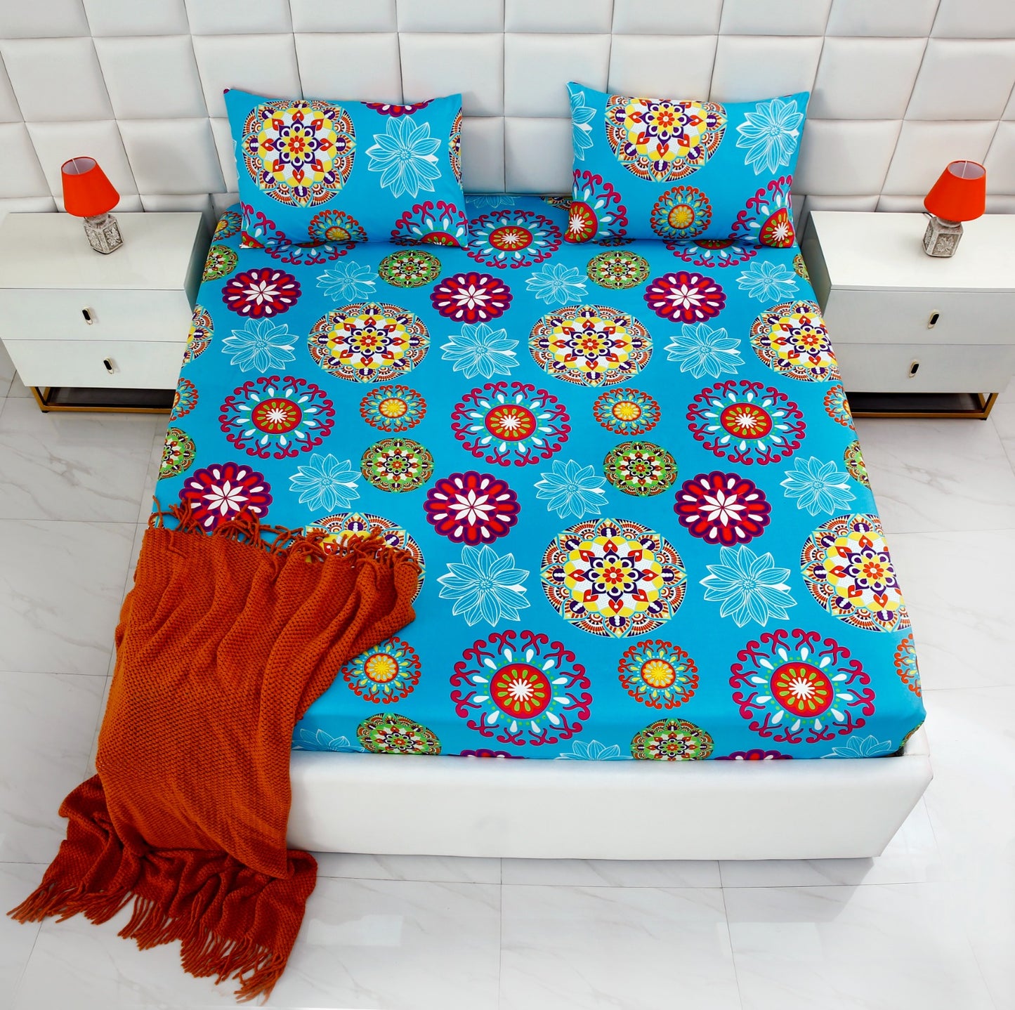 Fitted Bed Sheet-Turquoise Flower Fitted Sheets Apricot