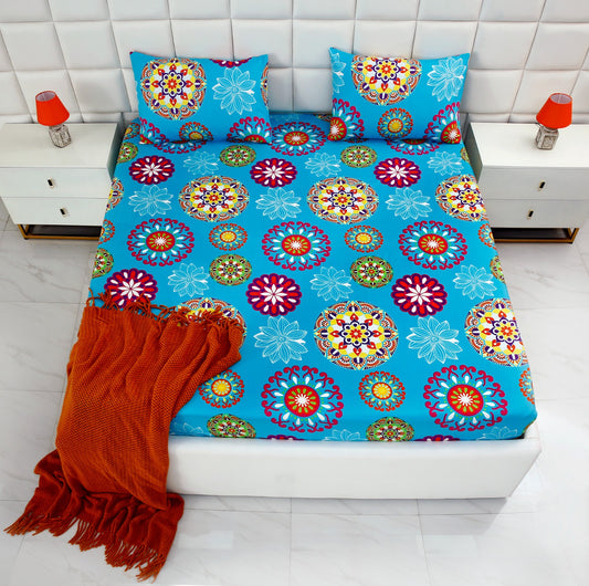 Fitted Bed Sheet-Turquoise Flower Fitted Sheets Apricot
