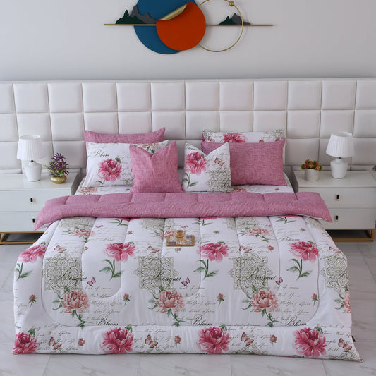 8 PCs Winter Comforter Set-Pink Flowers Comforters Apricot