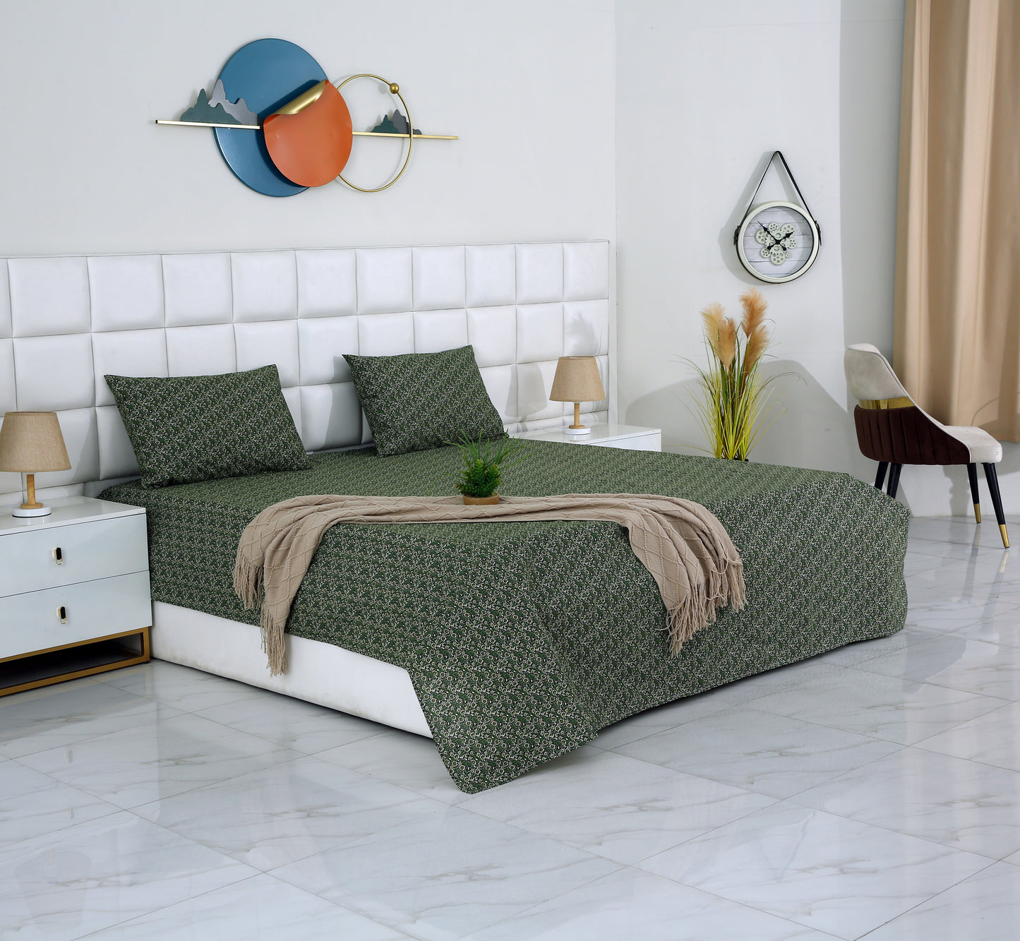 3 PCs Double Bed Sheet-Emerald Flowers Bed Sheets Apricot