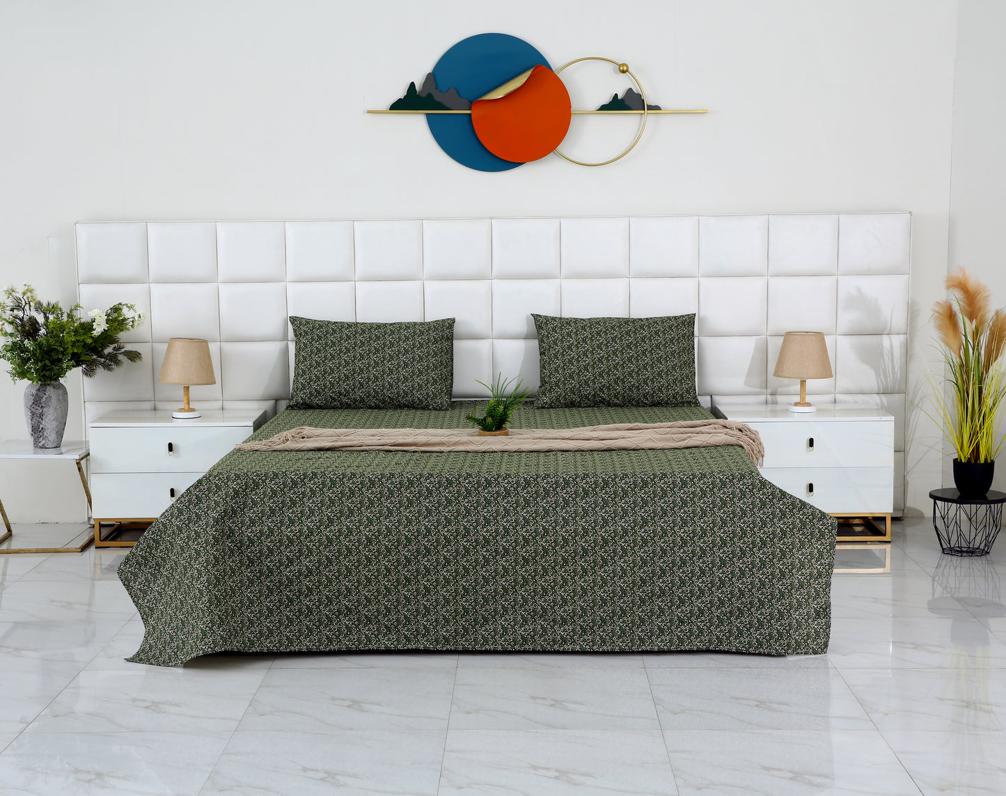 3 PCs Double Bed Sheet-Emerald Flowers Bed Sheets Apricot