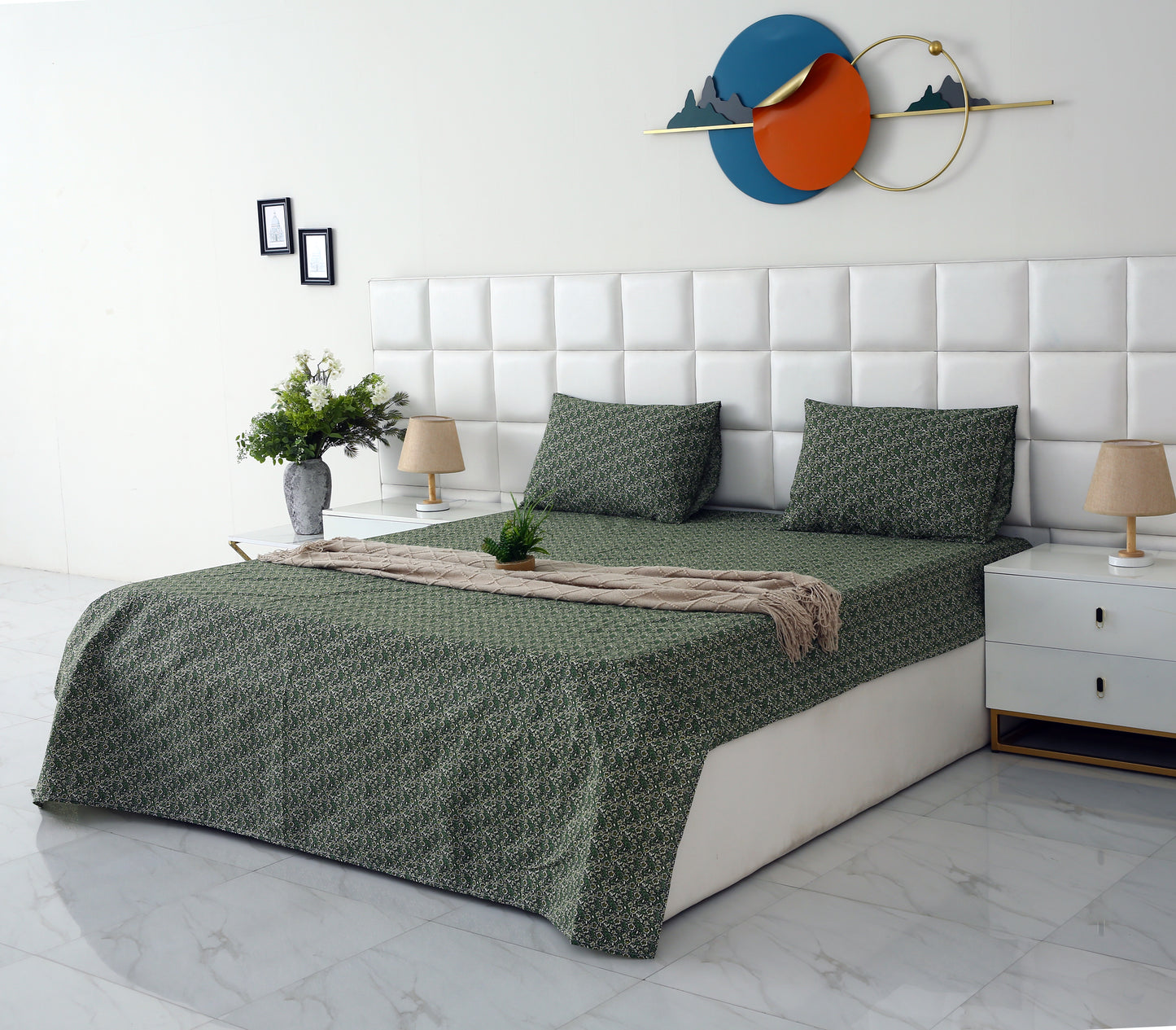 3 PCs Double Bed Sheet-Emerald Flowers Bed Sheets Apricot