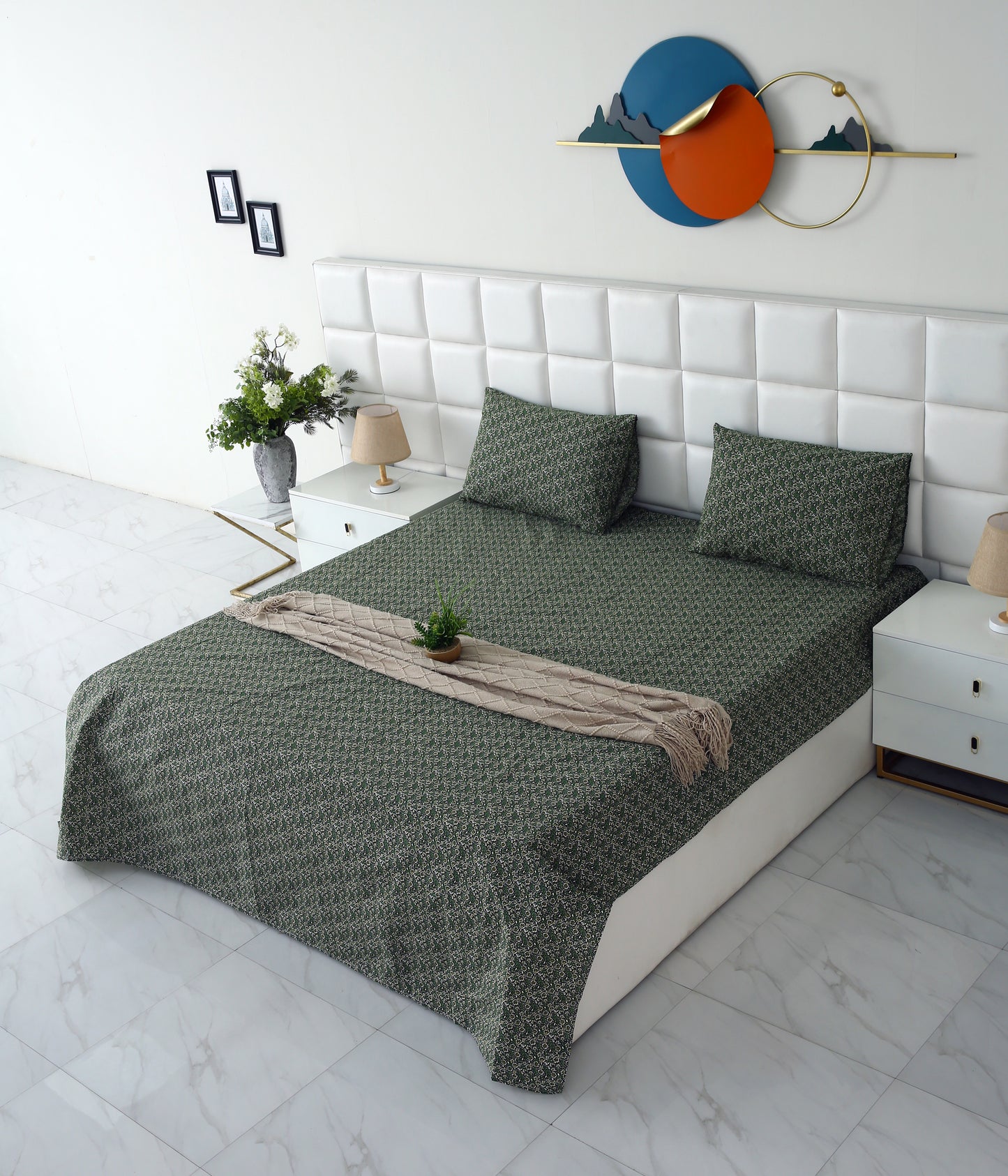 3 PCs Double Bed Sheet-Emerald Flowers Bed Sheets Apricot