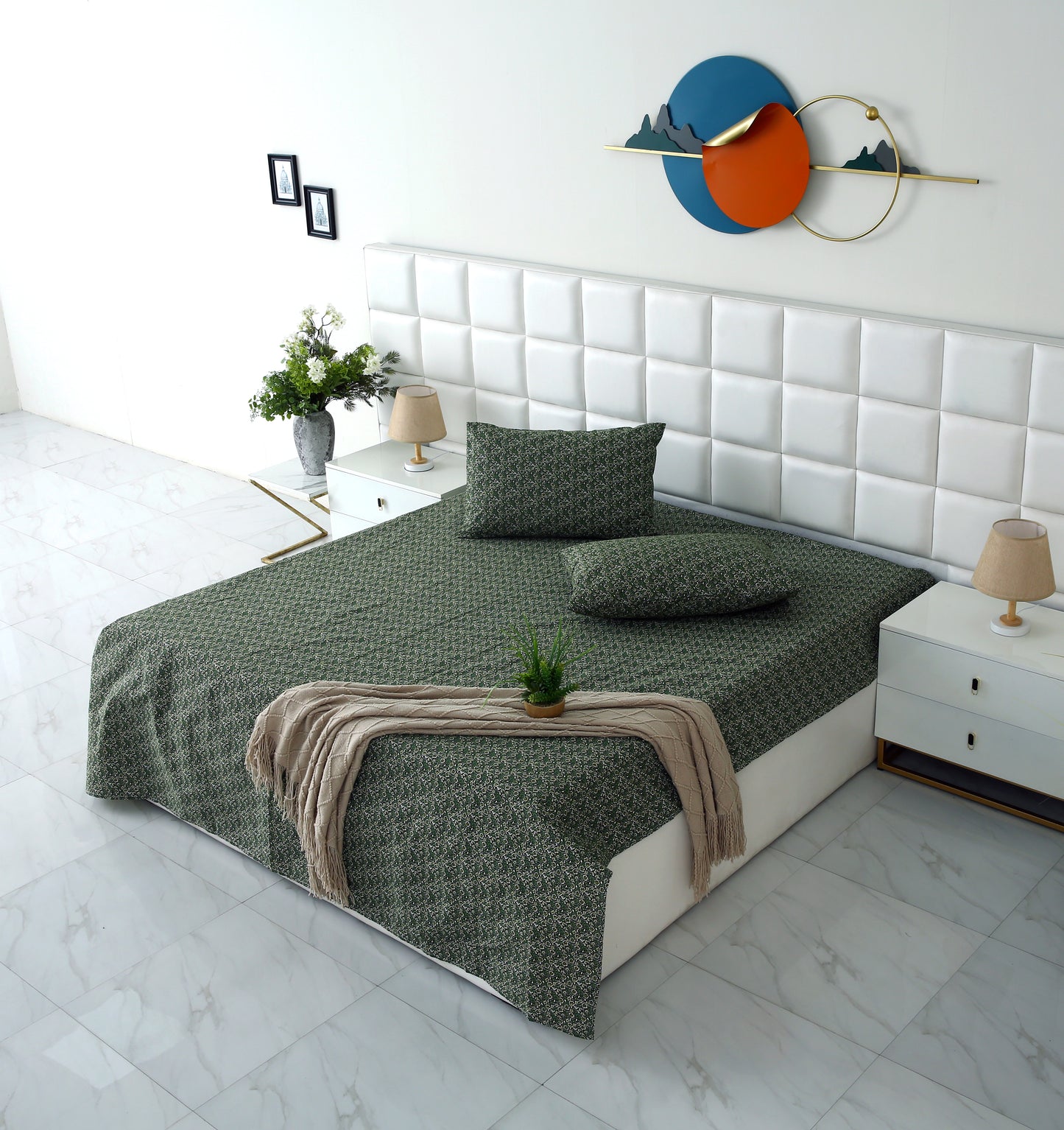 3 PCs Double Bed Sheet-Emerald Flowers Bed Sheets Apricot