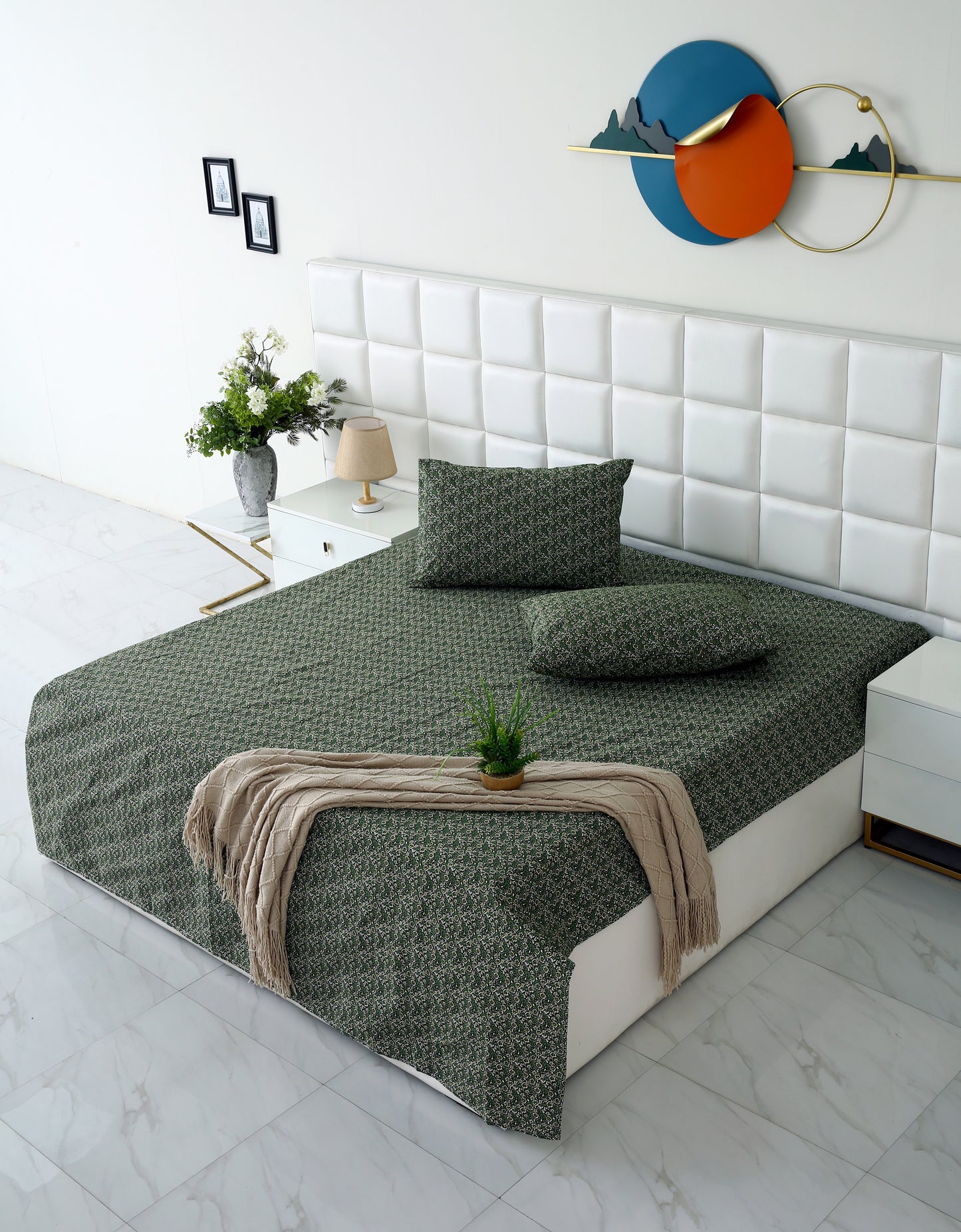 3 PCs Double Bed Sheet-Emerald Flowers Bed Sheets Apricot