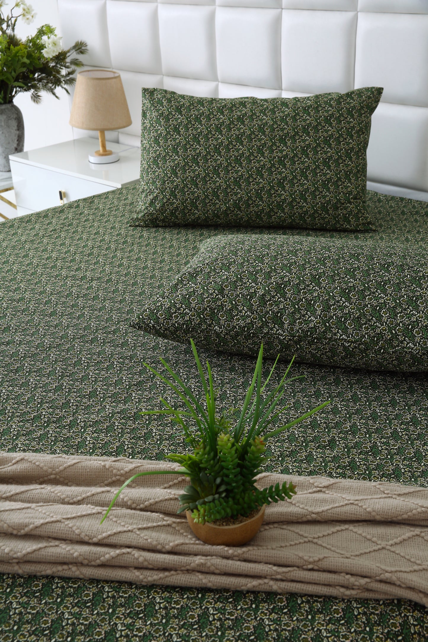 3 PCs Double Bed Sheet-Emerald Flowers Bed Sheets Apricot
