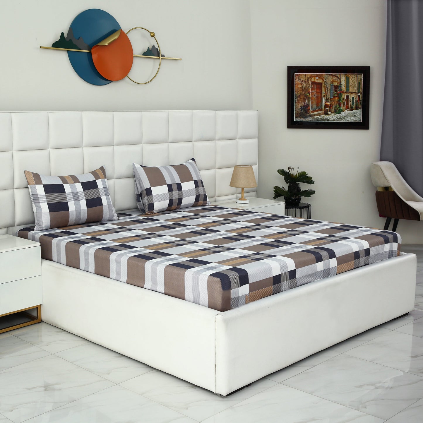 Fitted Bed Sheet-Brown Check Fitted Sheets Apricot