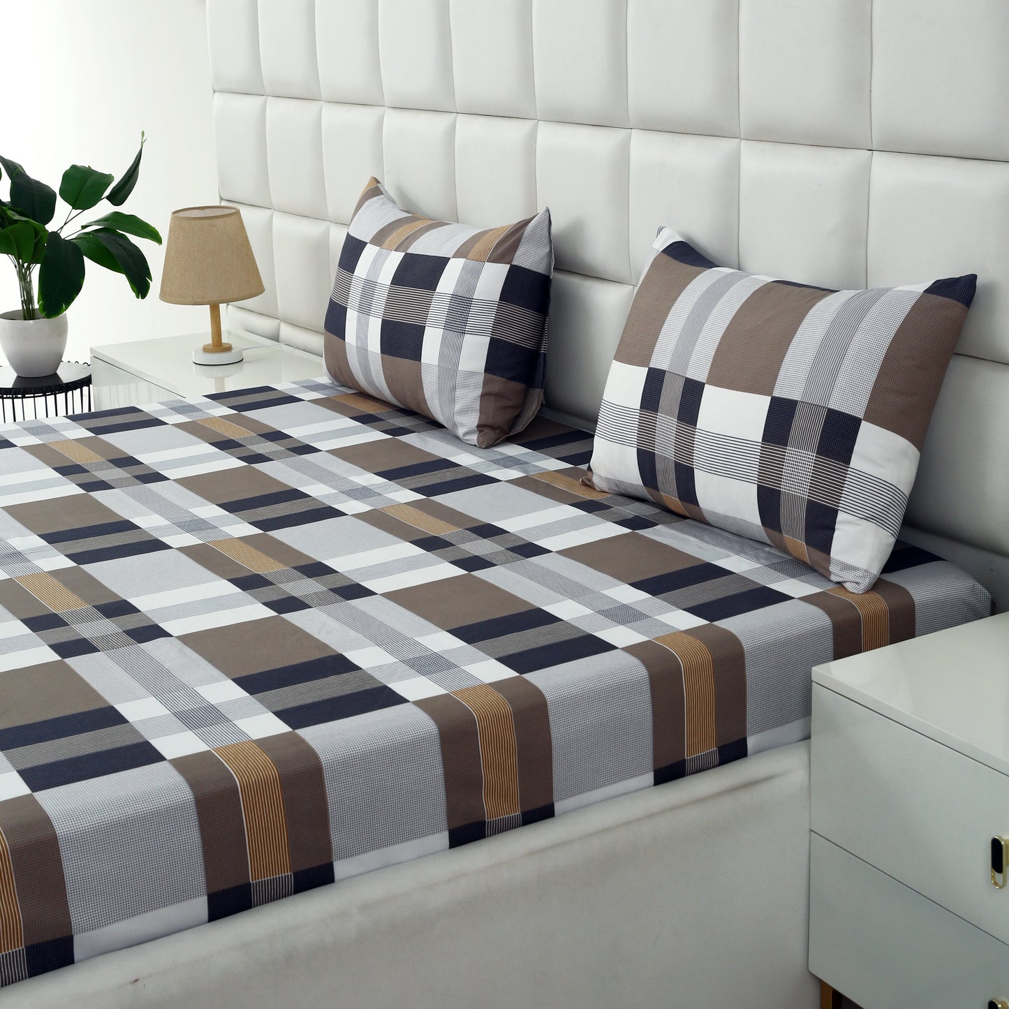 Fitted Bed Sheet-Brown Check Fitted Sheets Apricot