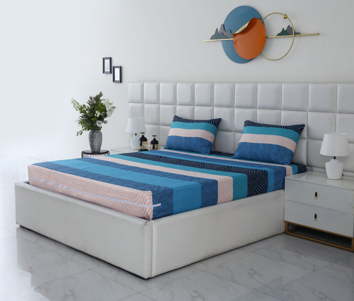 Zipper Mattress Cover Printed-Aqua Waves Protectors Apricot