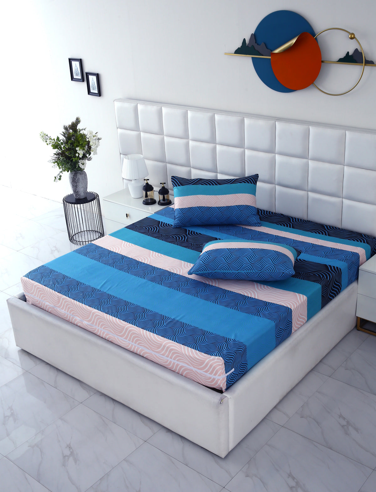 Zipper Mattress Cover Printed-Aqua Waves Protectors Apricot