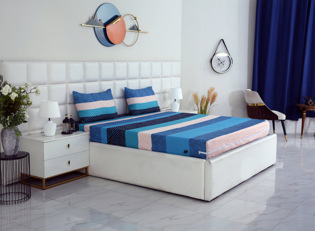 Zipper Mattress Cover Printed-Aqua Waves Protectors Apricot