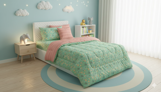 5 PCs Single Kids Razai Set-Mini Elephant Comforters Apricot