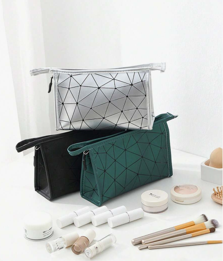 Geometric Diamond Grid PU Frosted Makeup Bag Cosmetic Organizer Apricot