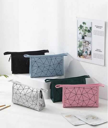 Geometric Diamond Grid PU Frosted Makeup Bag Cosmetic Organizer Apricot