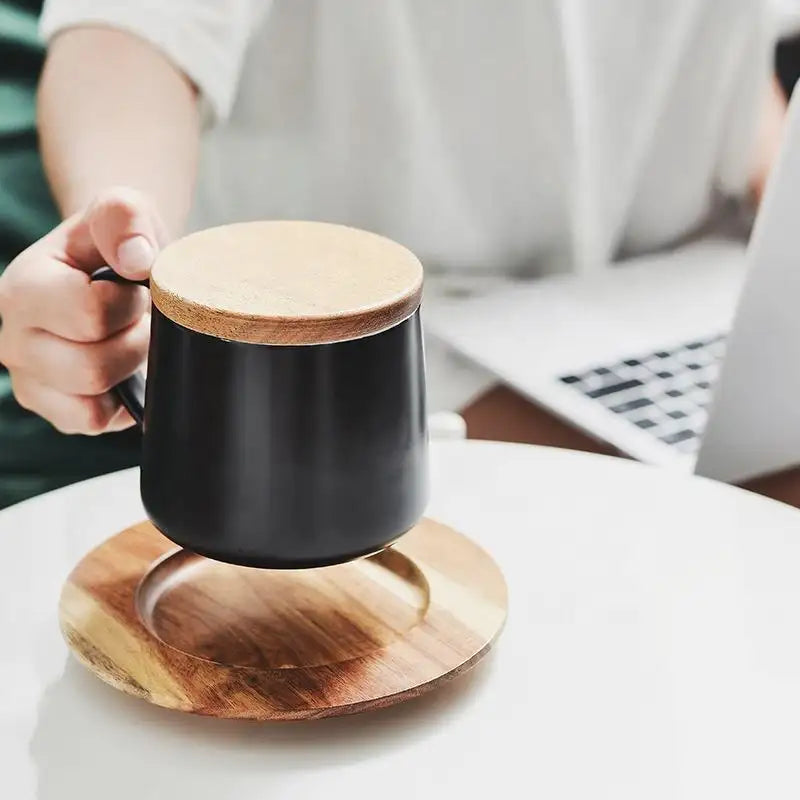 Vacuum Insulated Coffee Cup with Wooden Lid & Mat-Black Coffee Cup Apricot