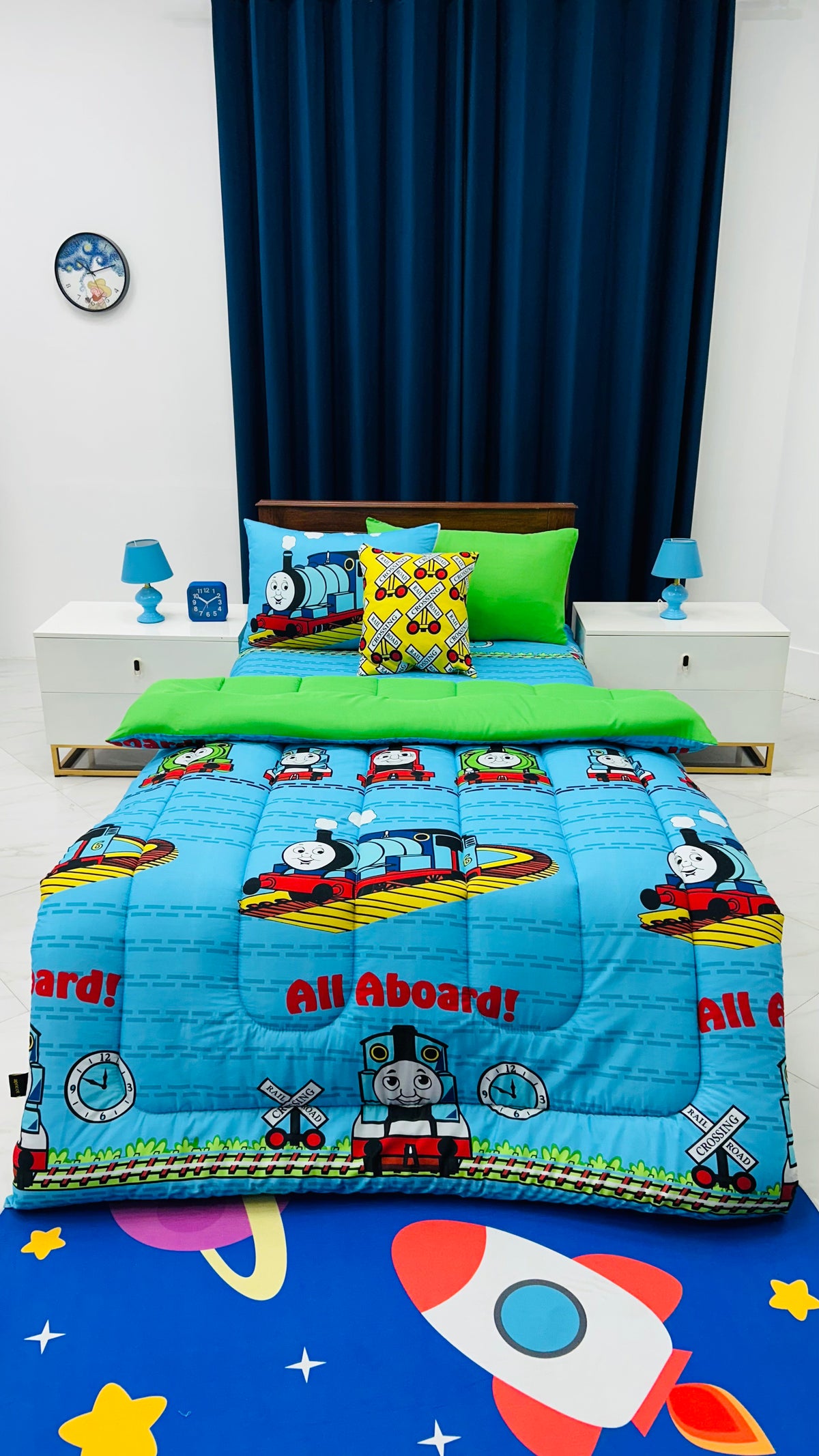 5 PCs Digital Single Razai Set- Chook Chook Train Comforters Apricot