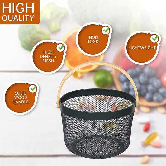 Mesh Steel Basket with Wooden Handle-13920Round Black Fruit Baskets Apricot