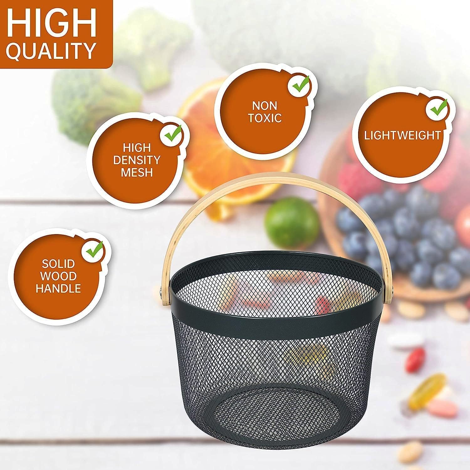 Mesh Steel Basket with Wooden Handle-Round Black Apricot