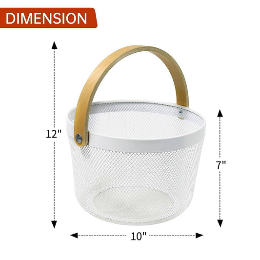 Mesh Steel Basket with Wooden Handle-Round Grey Fruit Baskets Apricot