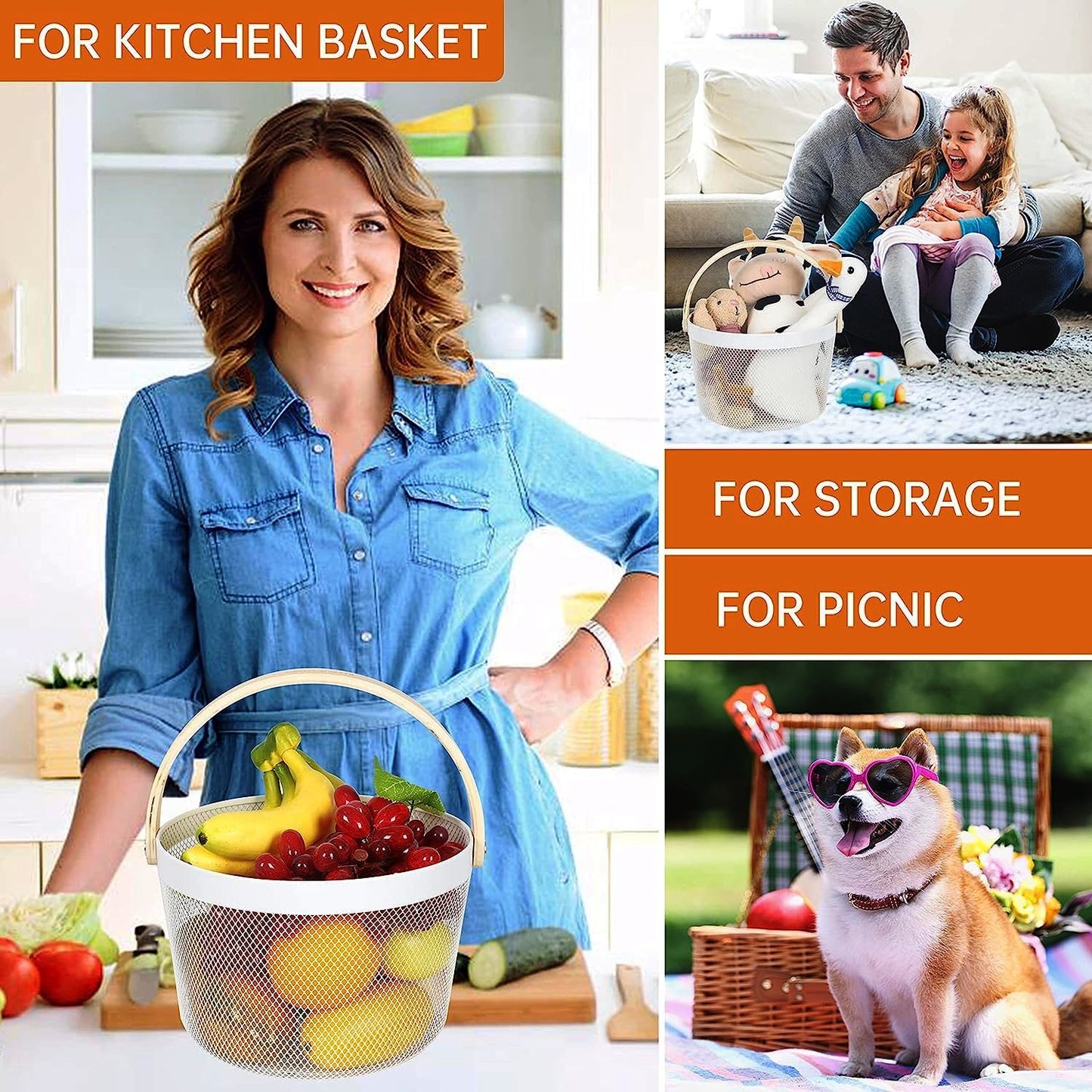 Mesh Steel Basket with Wooden Handle-Round White Fruit Baskets Apricot