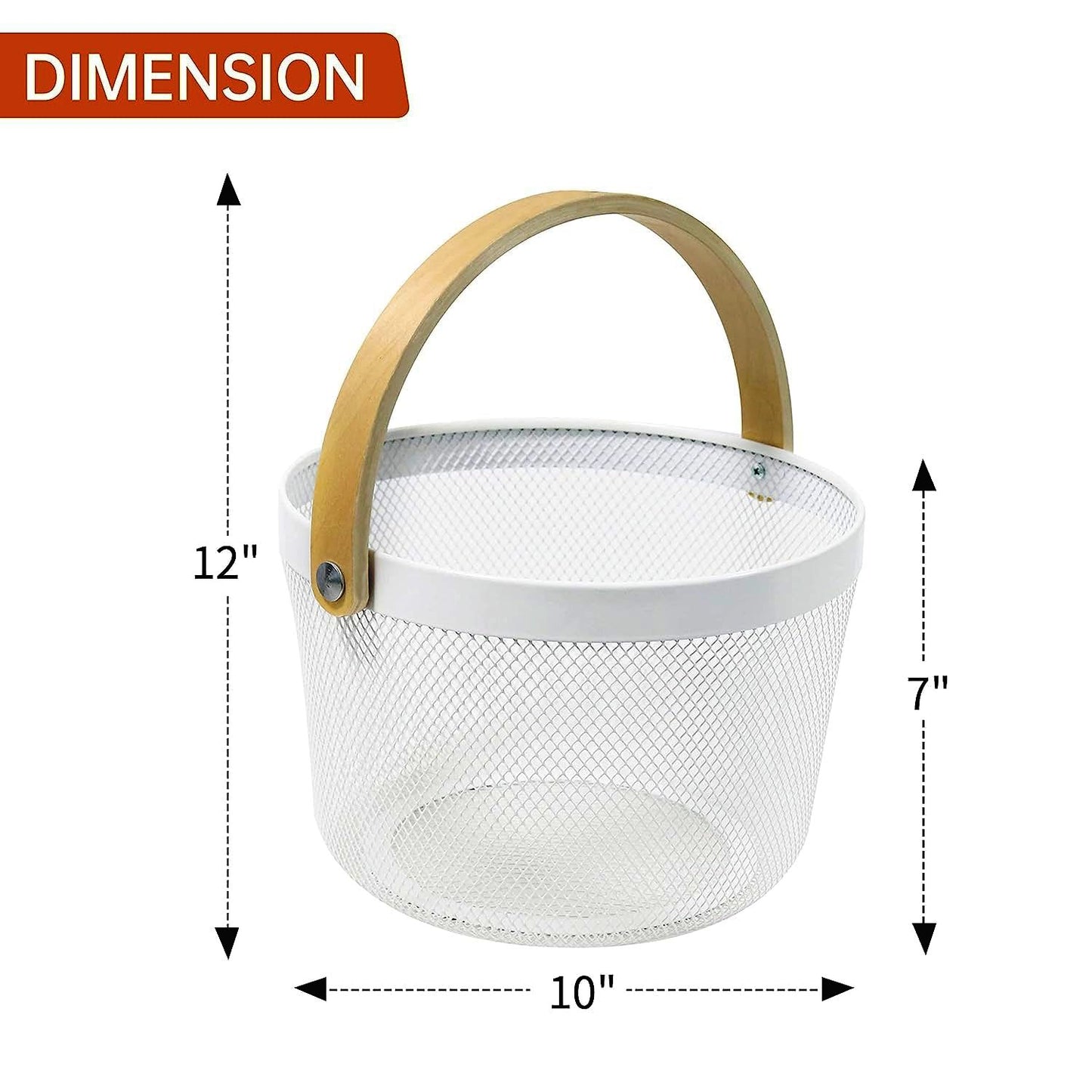 Mesh Steel Basket with Wooden Handle-Round White Apricot
