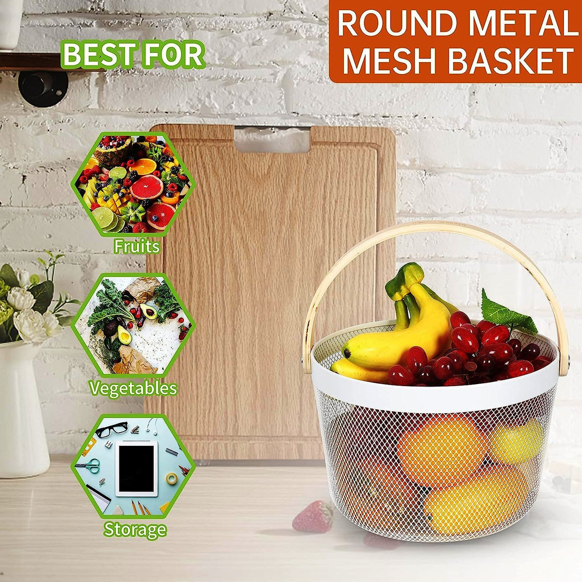 Mesh Steel Basket with Wooden Handle-Round White Fruit Baskets Apricot