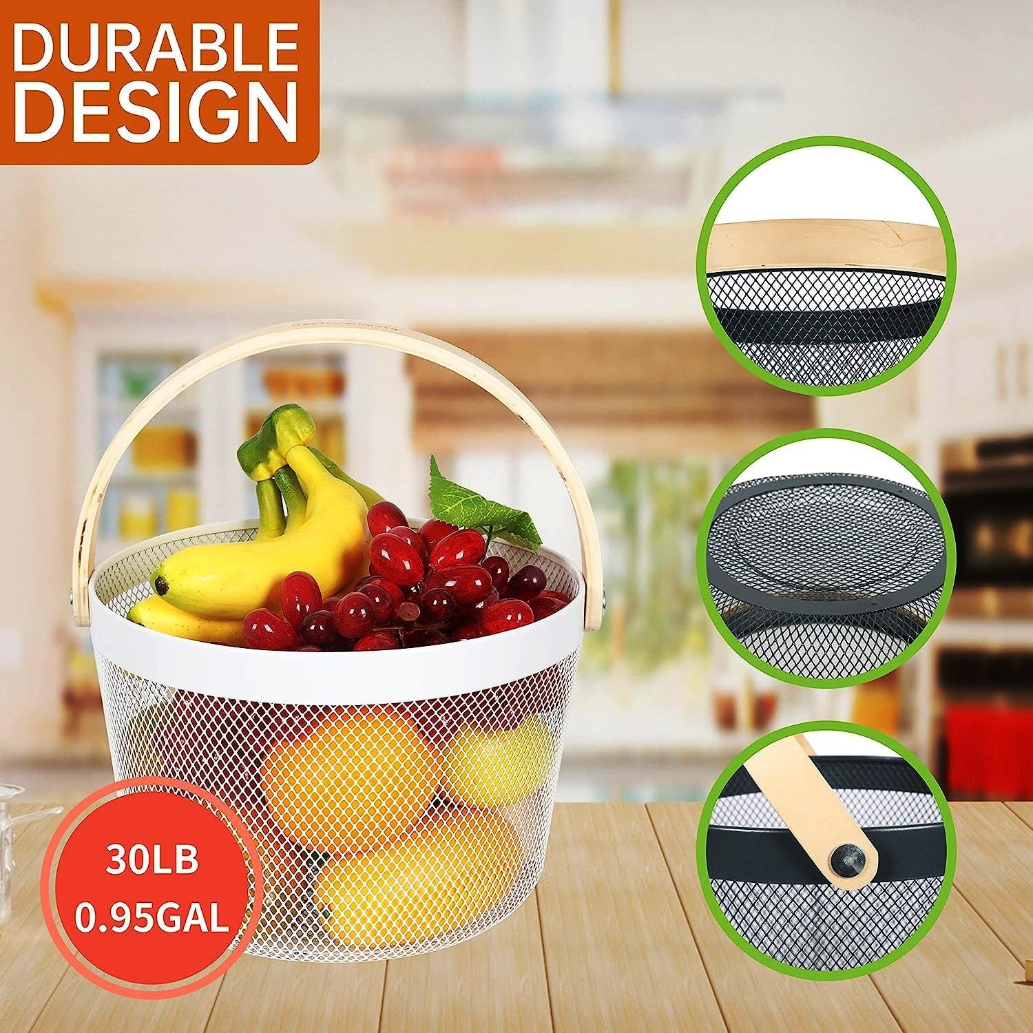 Mesh Steel Basket with Wooden Handle-Round White Apricot