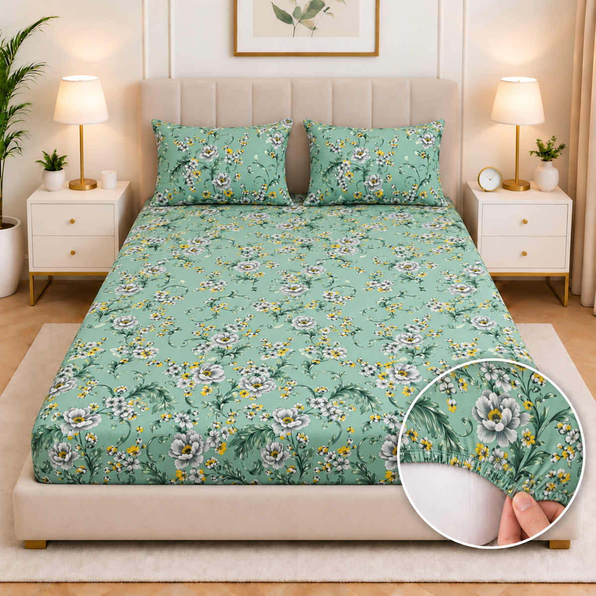 Cotton Fitted Bed Sheet- Sage Blossom Fitted Sheets Apricot