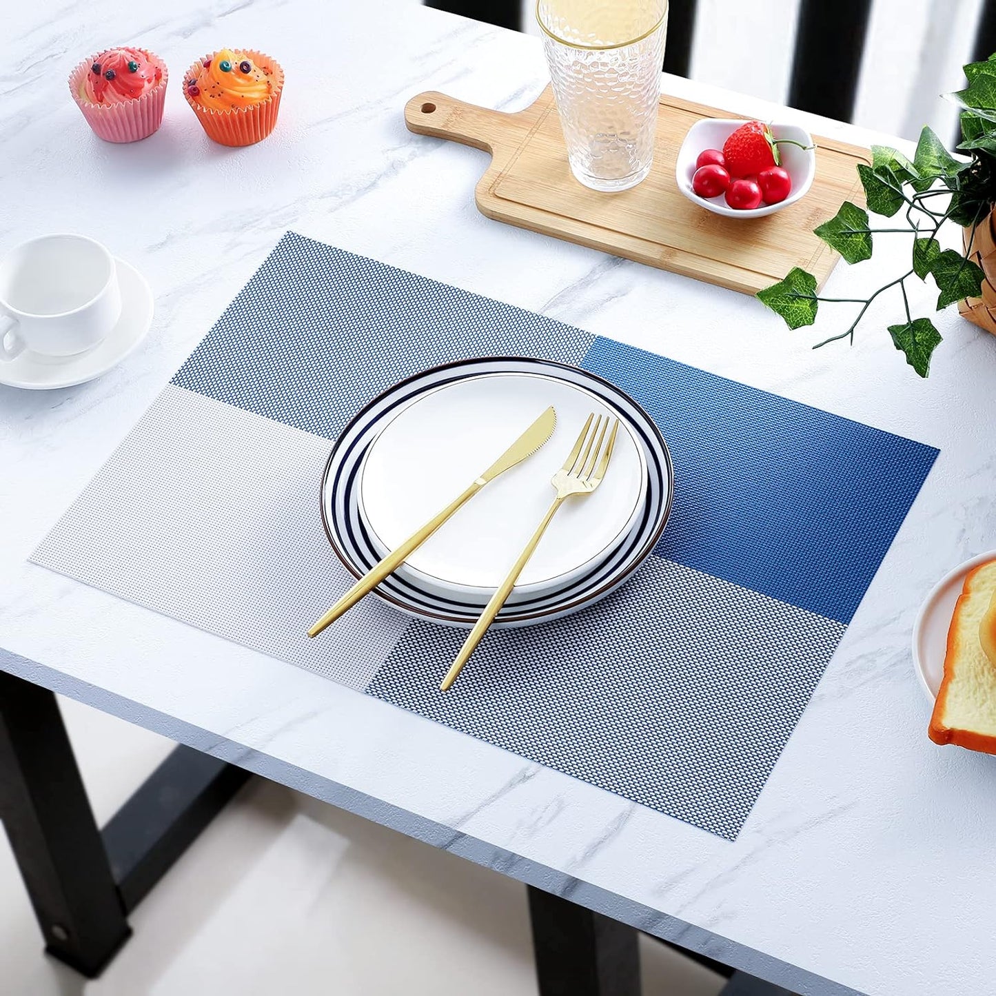 PVC Table Place Mats-Blue Check Table Mats Apricot