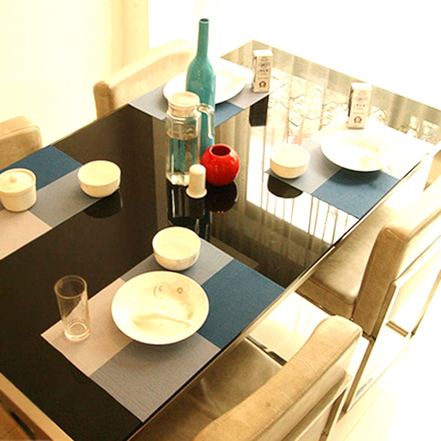 PVC Table Place Mats-Blue Check Table Mats Apricot