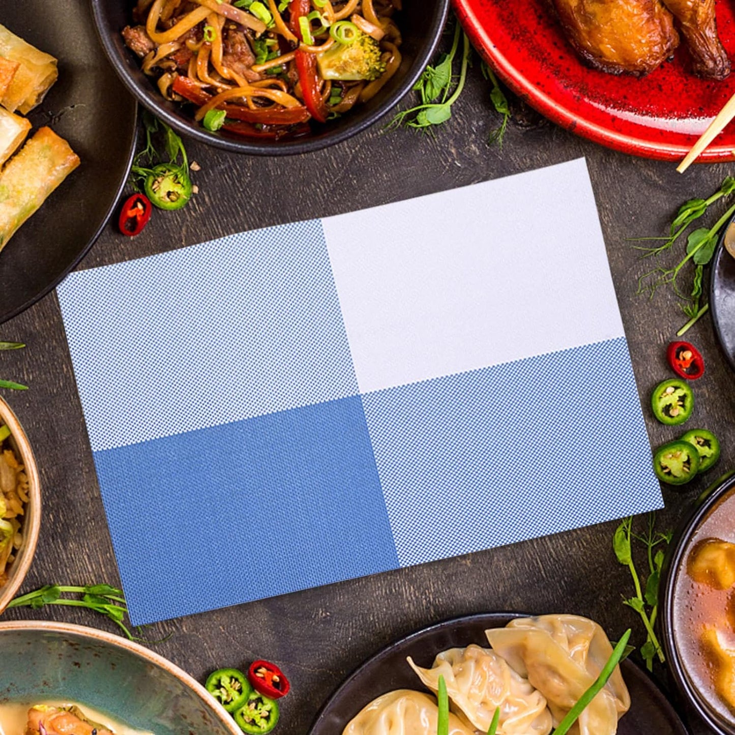 PVC Table Place Mats-Blue Check Table Mats Apricot