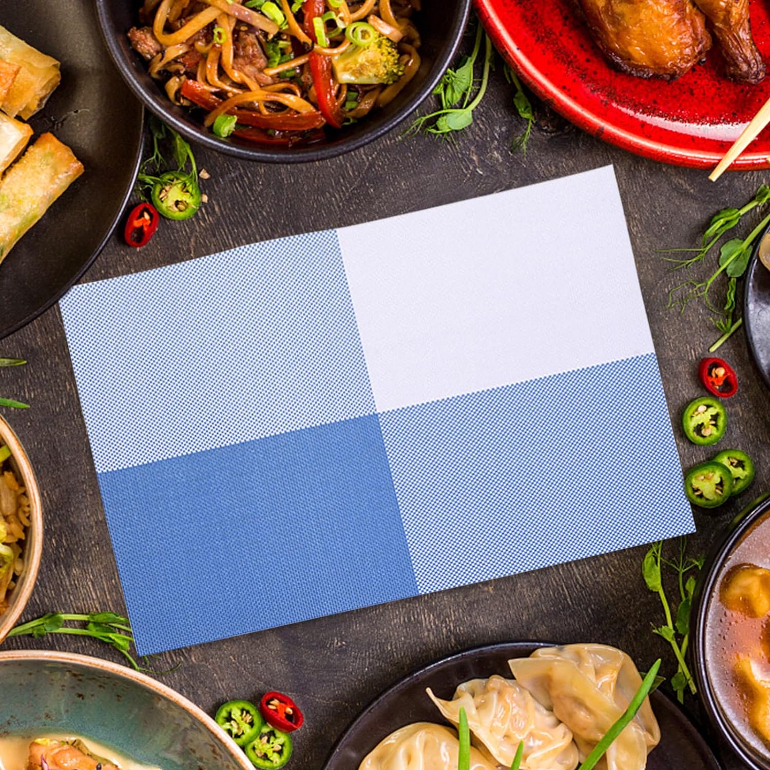 PVC Table Place Mats-Blue Check Table Mats Apricot