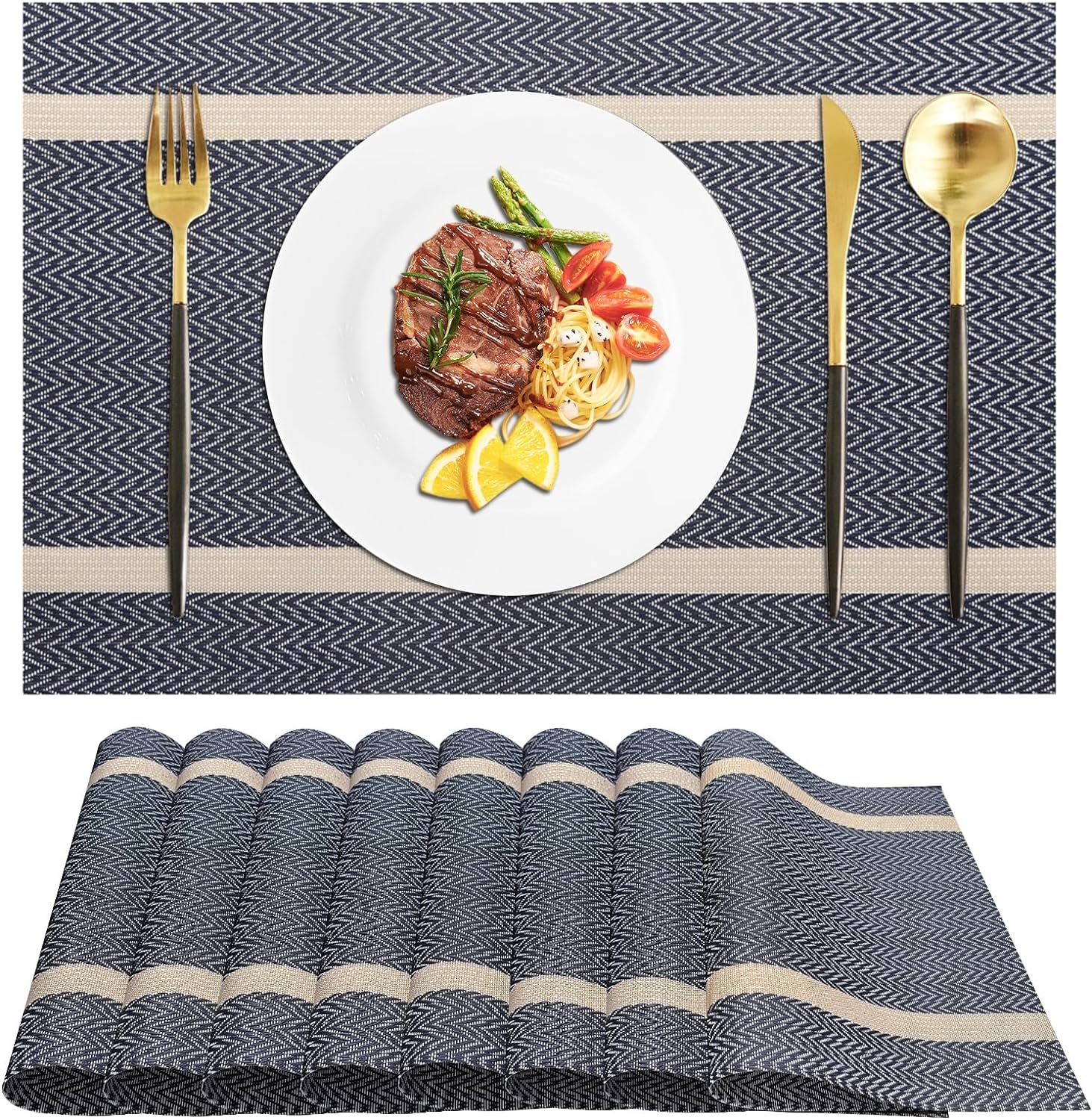 PVC Table Place Mats-Blue Weaves Table Mats Apricot