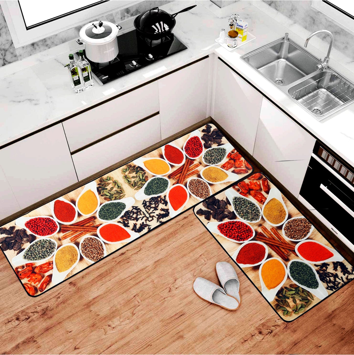 Premium Padded Anti slip Kitchen Mat Set-Spice and Spoons Rugs Apricot