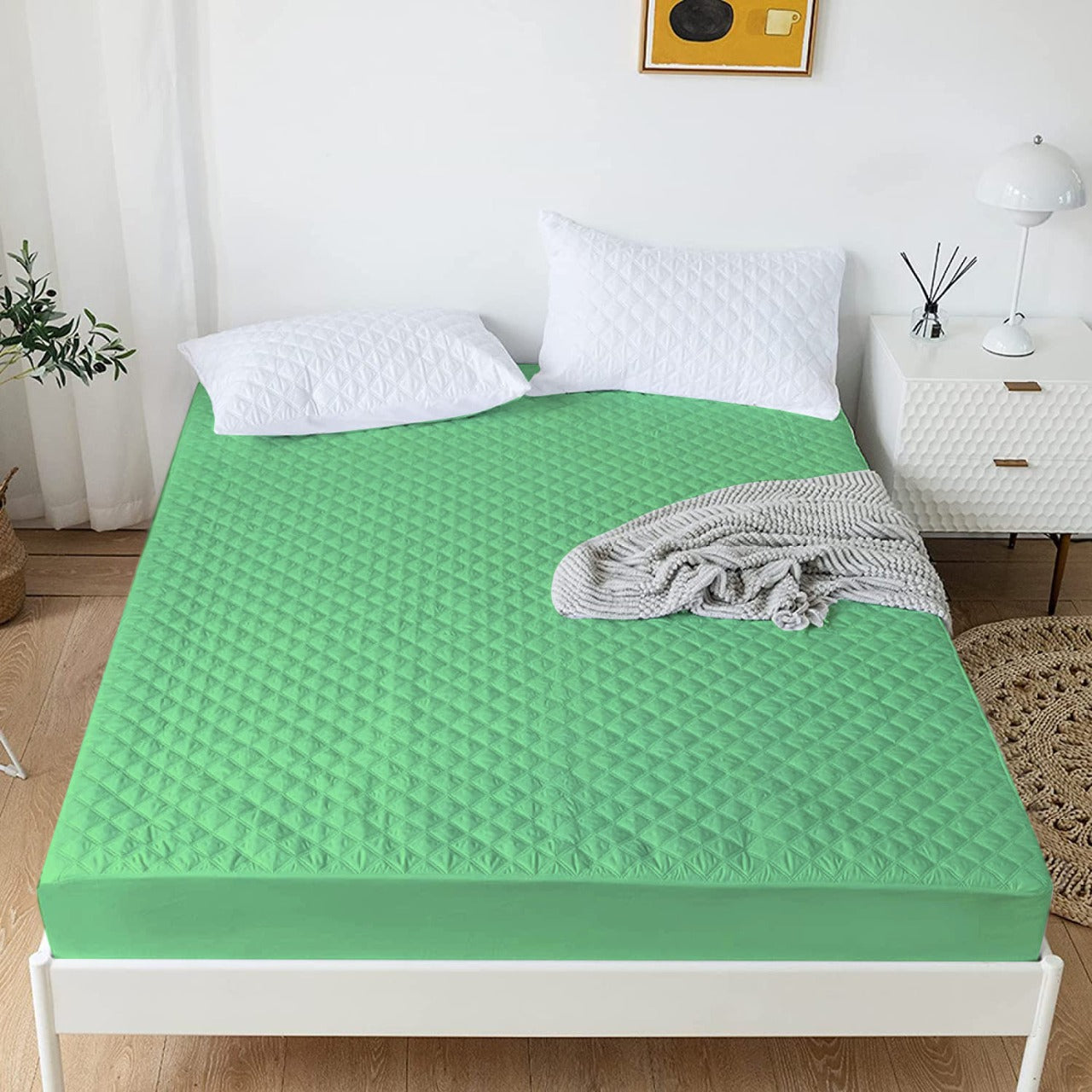 Quilted Waterproof Mattress Protector-Powder Green Apricot