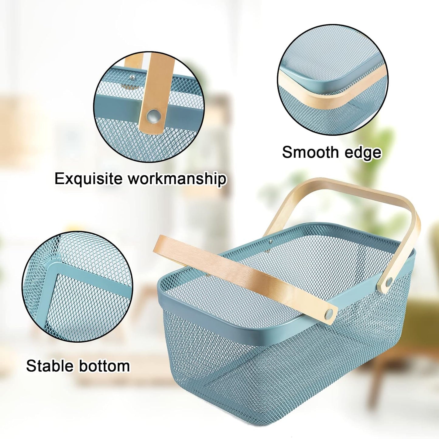Rectangular Mesh Basket With Double Wooden Handle- Blue Fruit Baskets Apricot