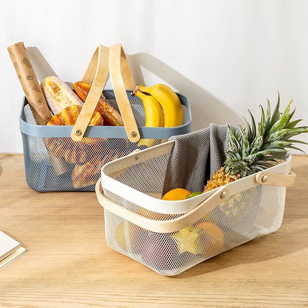 Rectangular Mesh Basket With Double Wooden Handle- Blue Fruit Baskets Apricot