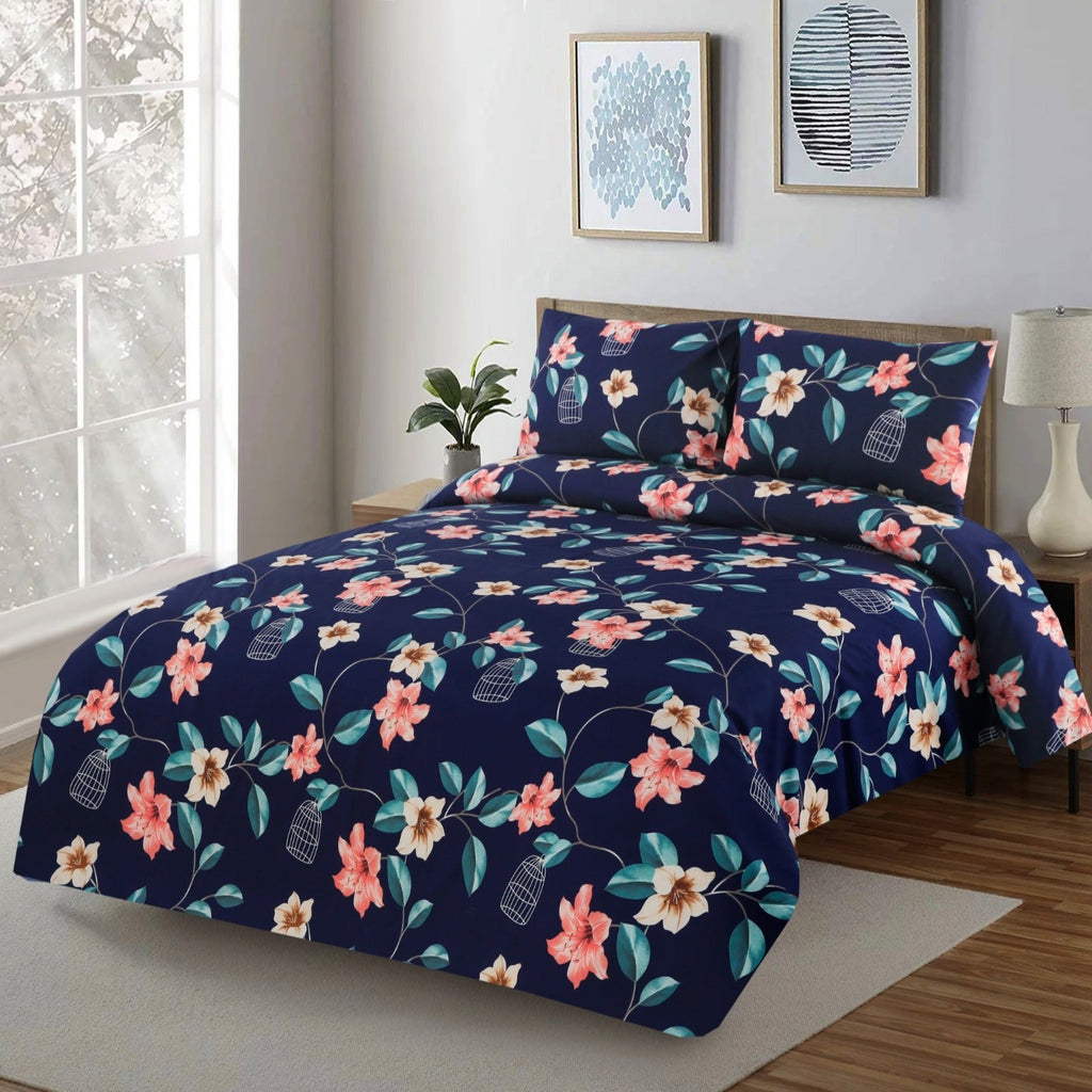 3 PCs Double Bed Sheet (5377)-Rosette Flower