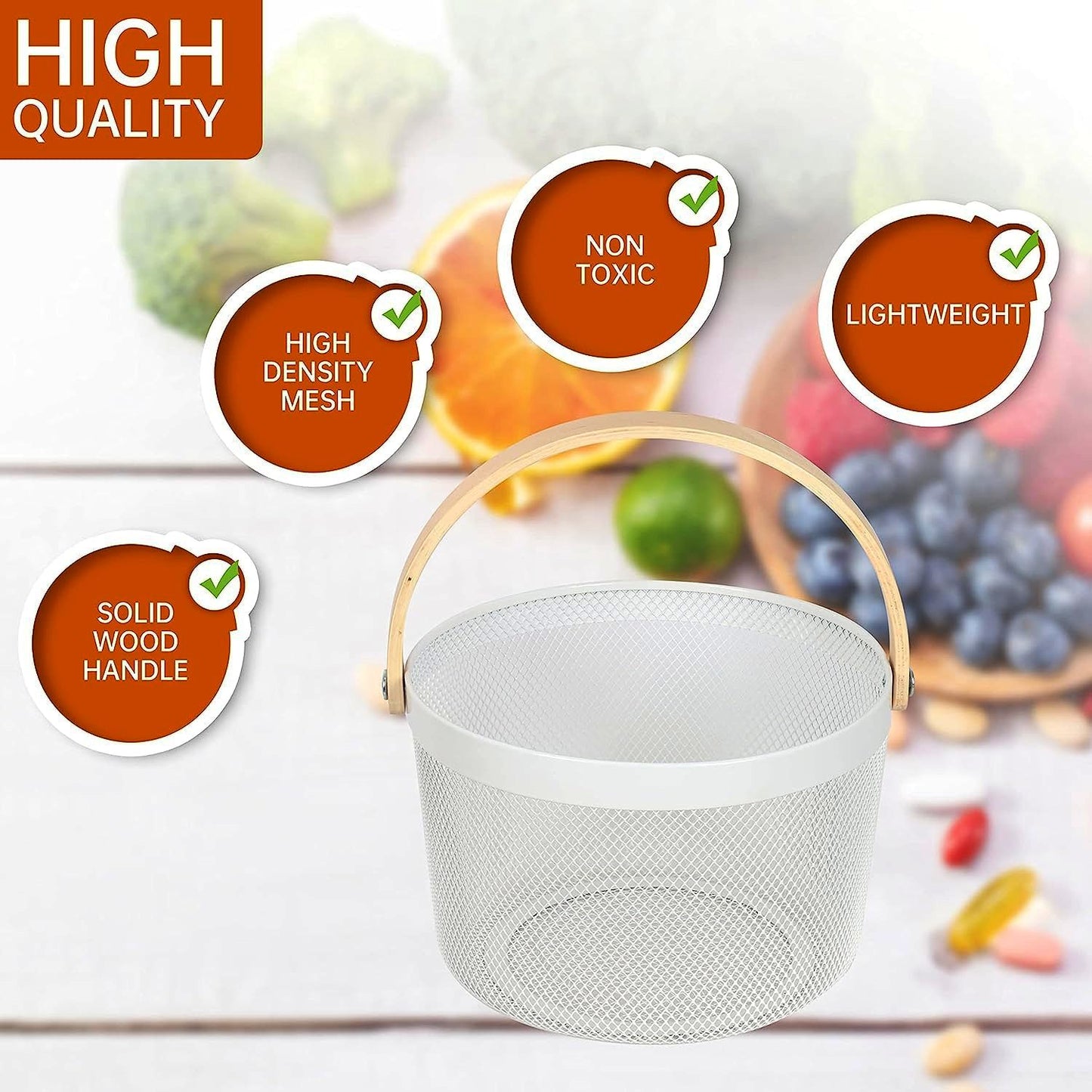 Mesh Steel Basket with Wooden Handle-Round White Fruit Baskets Apricot