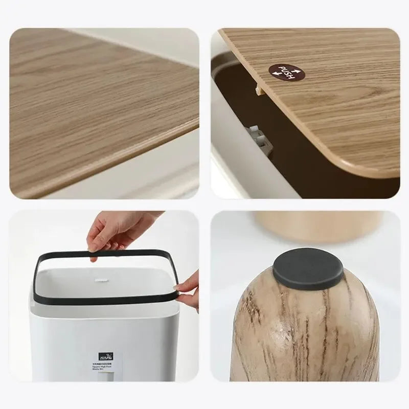 Indoor trash Bin With Wooden Feets-SA2408-108 Bathroom Accessory Sets Apricot