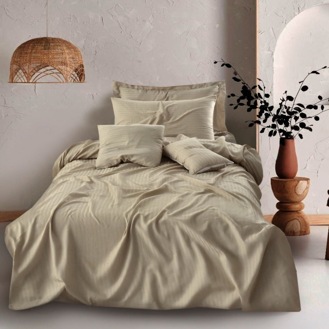 Single Bed Sheet Satin Stripe(4757)-Beige product Apricot