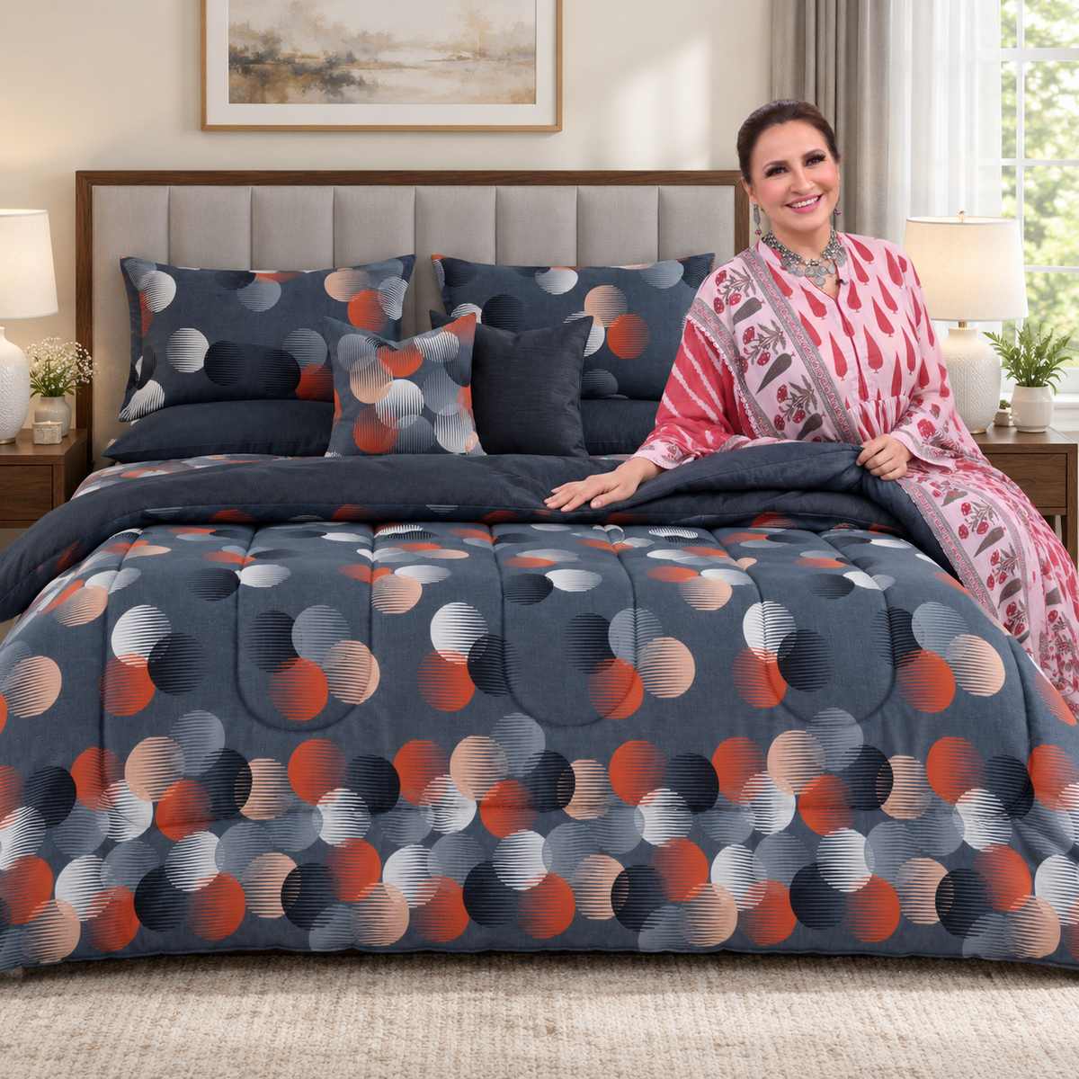 8 PCs Winter Razai Set-Illustration Design Comforters Apricot
