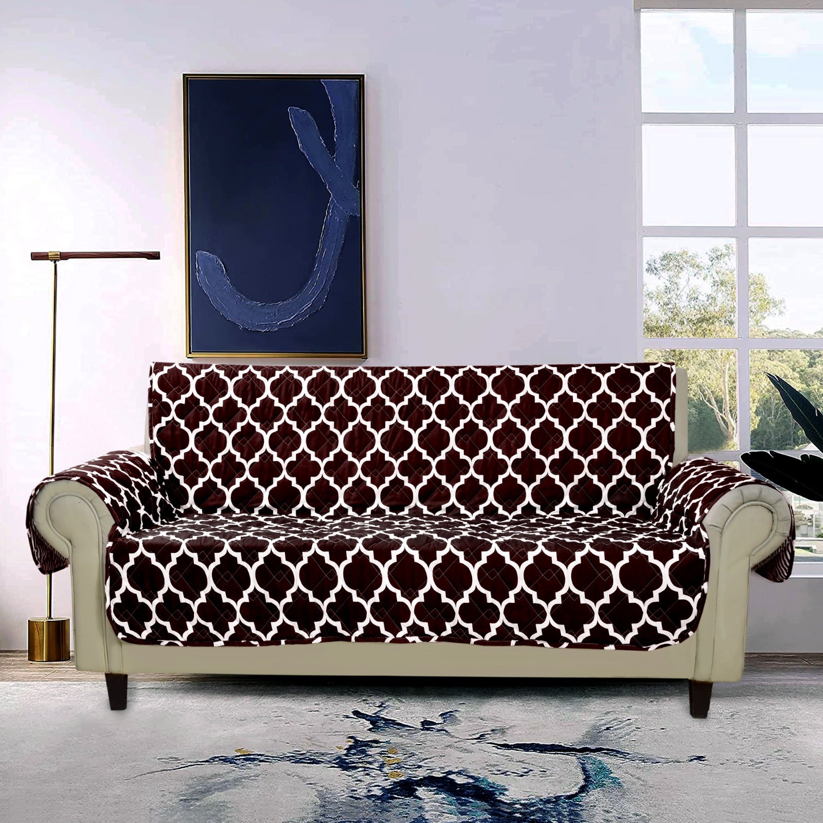 Sofa Cover-Plum Geometric With Pockets Apricot